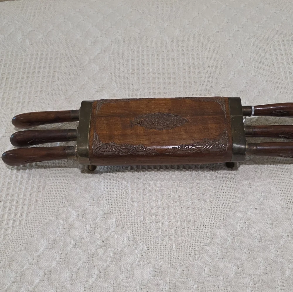 Vintage MCM Ornate Hand Carved Wood Brass INDIA 6 pc Knife Stainless Set Block